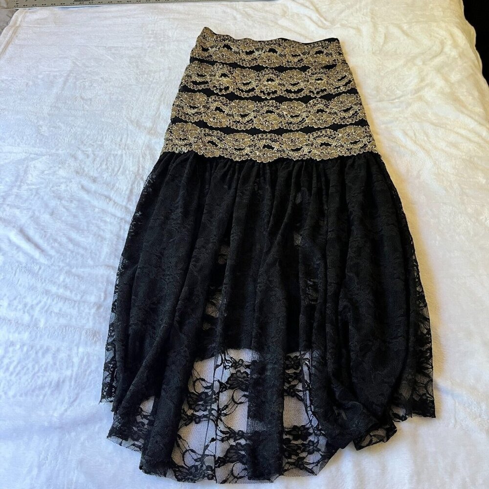 Patricia Wolf Gold Black Lace Layered Skirt Small Western Wear Ruffle Trim